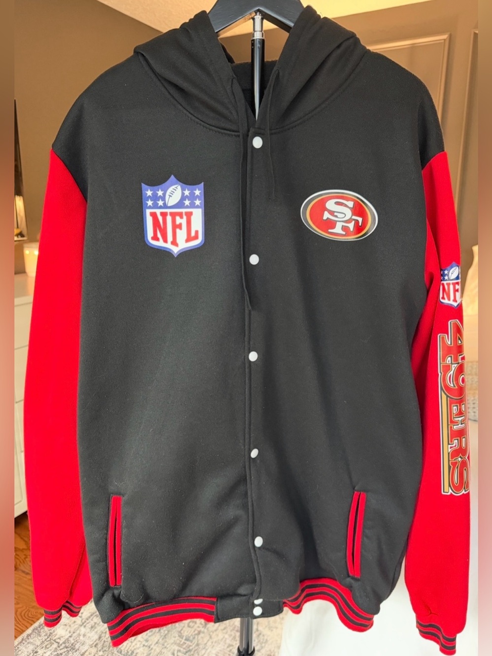 San Francisco 49ers NFL Black Red Hooded Varsity Jacket Men XXL Fits M/L